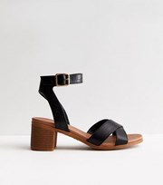 New Look Black Leather-Look Cross Strap Block Heel Sandals
